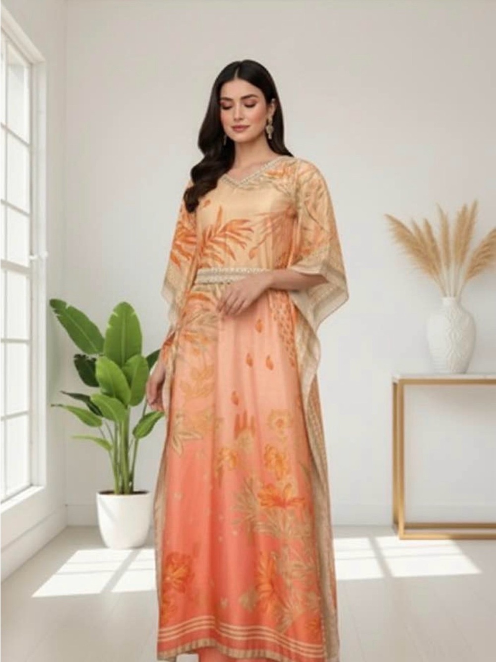 Women's Peach Floral Maxi Dress with Embellished Waist